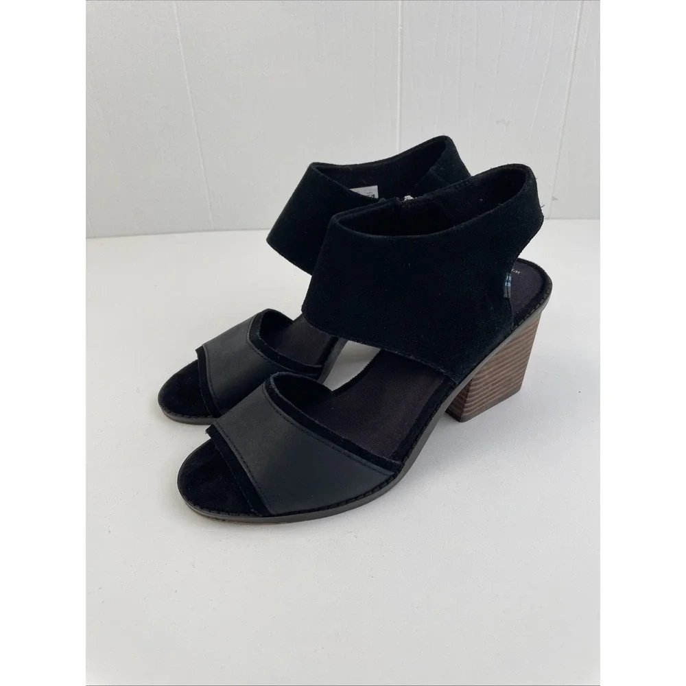 Toms Women's Sandals Size 9W Black Majorca‎ Block Ankle Leather Heels Leather
